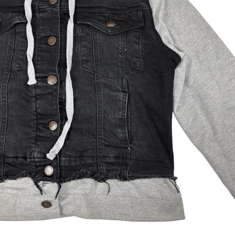 Risen Layered Denim Jacket Removable Hood Womens 2XL Black Distressed Gray Terry